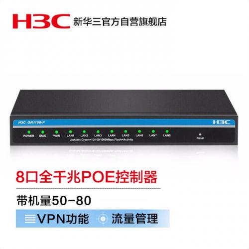 华三（H3C）8口全千兆企业级VPN网关路由器 带机量50-80 AC管理器/流量管理/POE供电54W GR1108-P